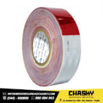 CINTA REFLECTIVA ROJO/BLANCO SELLADA CON LINEAS Y LOGO 5CM(2″) 45.7 MTS