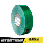 CINTA REFLECTIVA VERDE SELLADA CON LINEAS Y LOGO 5CM(2″) 45.7 MTS